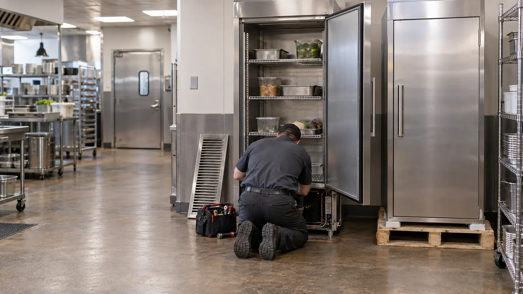 A working restaurant back of house with an older stainless reach-in cabinet standing open and half emptied, its lower front grille removed and leaning against the wall, a new stainless reach-in cabinet still on its shipping pallet beside it, a technician seen only from behind kneeling at the older unit, nothing outdoors.