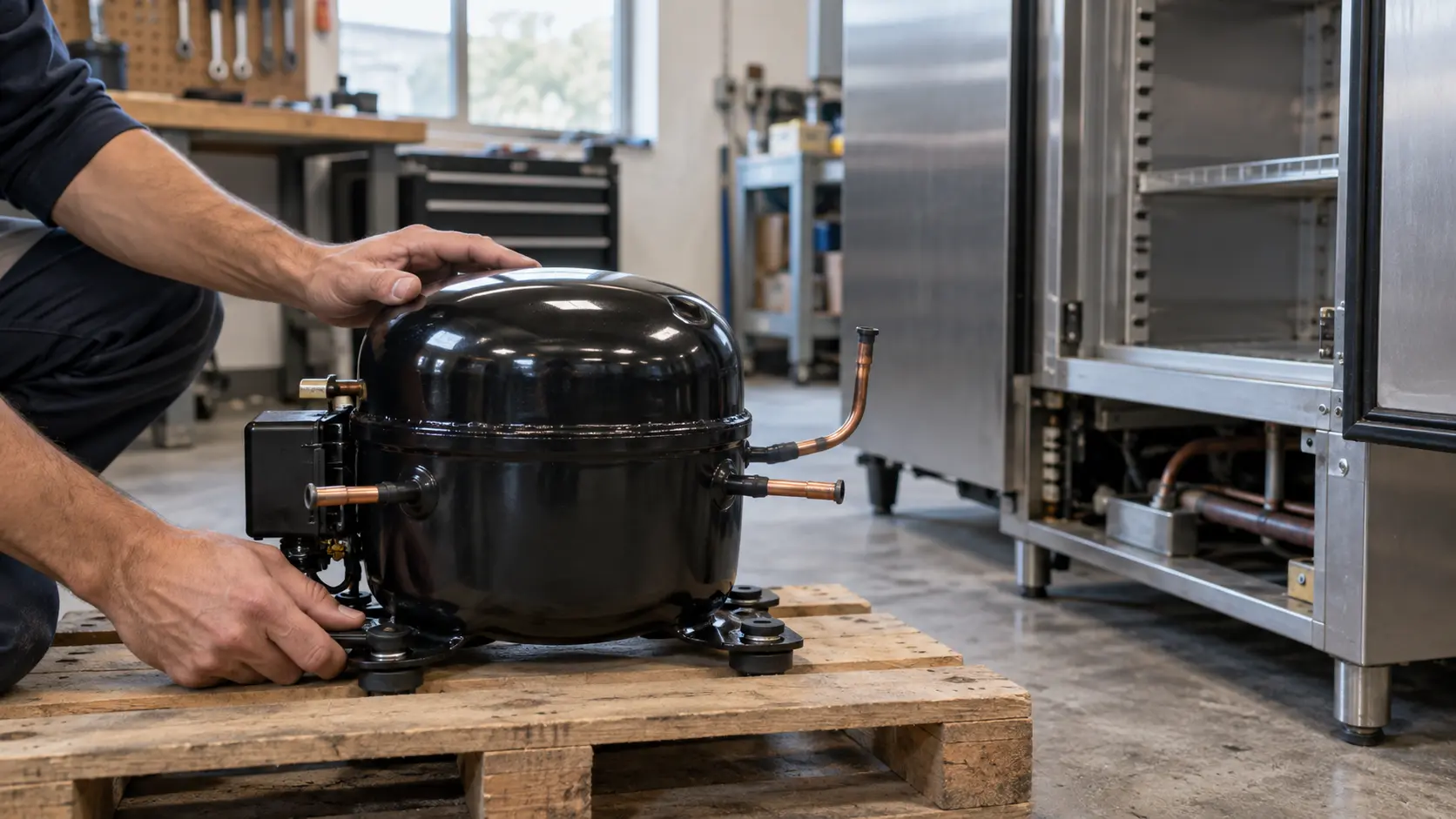 Close on a new compressor for a reach-in cabinet on a workshop pallet.