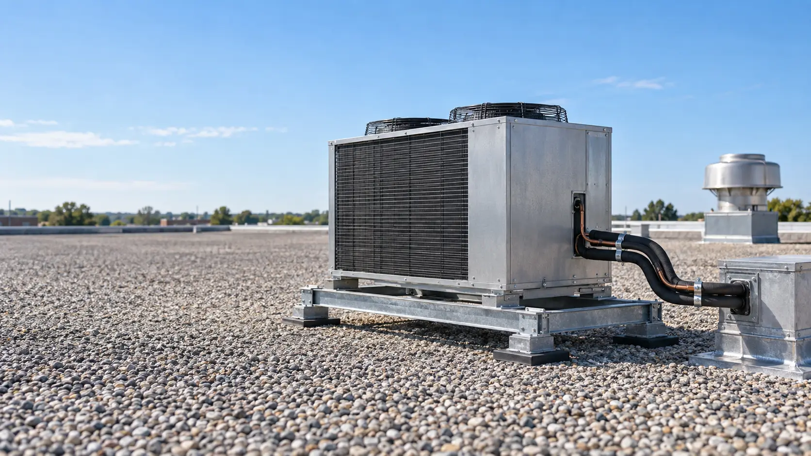 A flat restaurant roof on a clear day with a commercial condensing unit for a walk-in cooler standing on steel rails, open gravel around the condensing unit on every side, its insulated copper lines running into a roof curb, the kitchen's mushroom-shaped exhaust fan a good distance away across the roof.