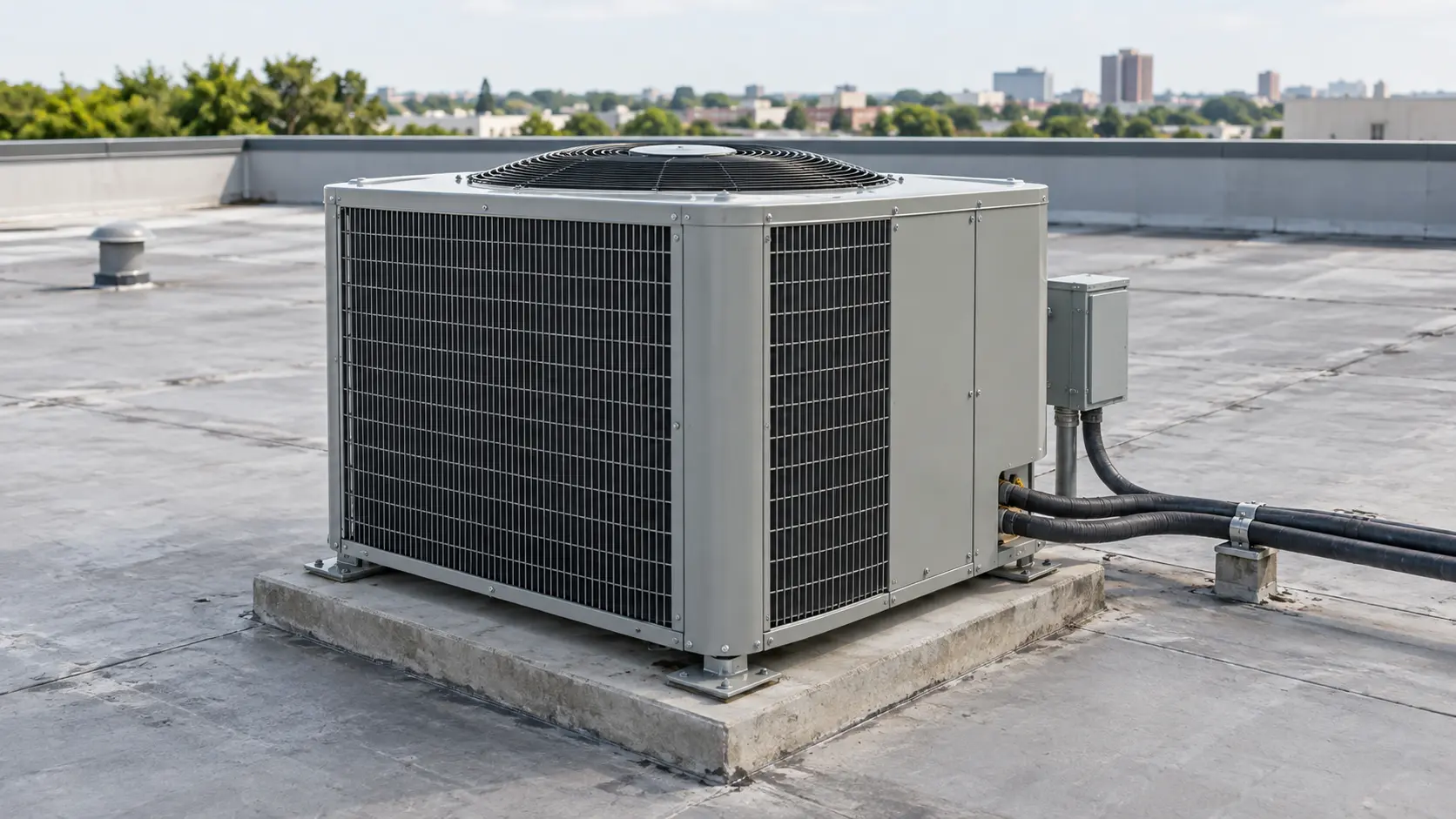Close on a rooftop condensing unit with clear space around it on a flat roof.