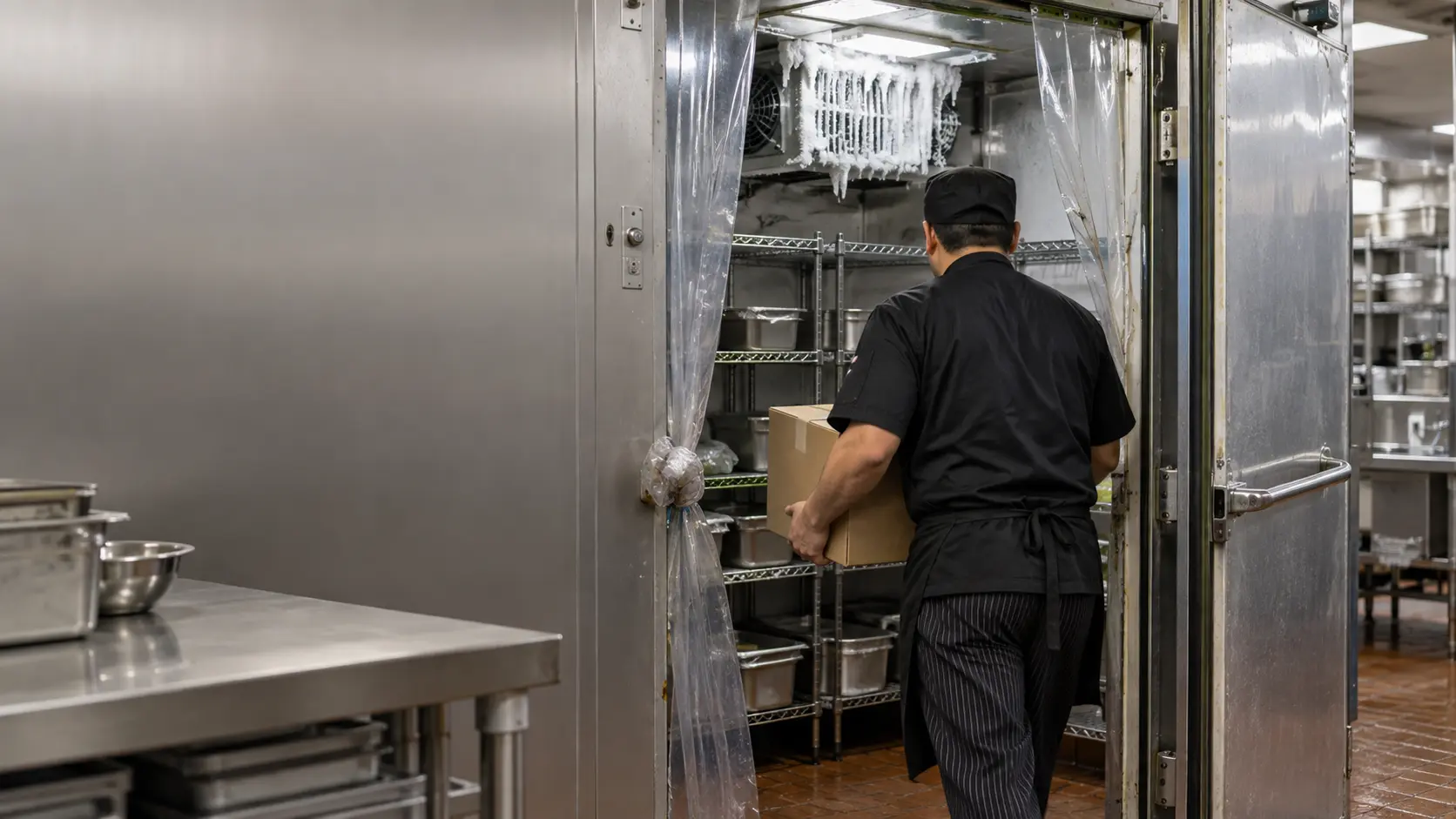 A commercial walk-in cooler in a restaurant back of house with its heavy insulated door standing open and a clear strip curtain torn and knotted to one side, the walk-in cooler's evaporator coil high on the rear wall wrapped in white ice above stainless wire shelving of covered food pans, a cook seen only from behind carrying a case out through the doorway, nothing outdoors.