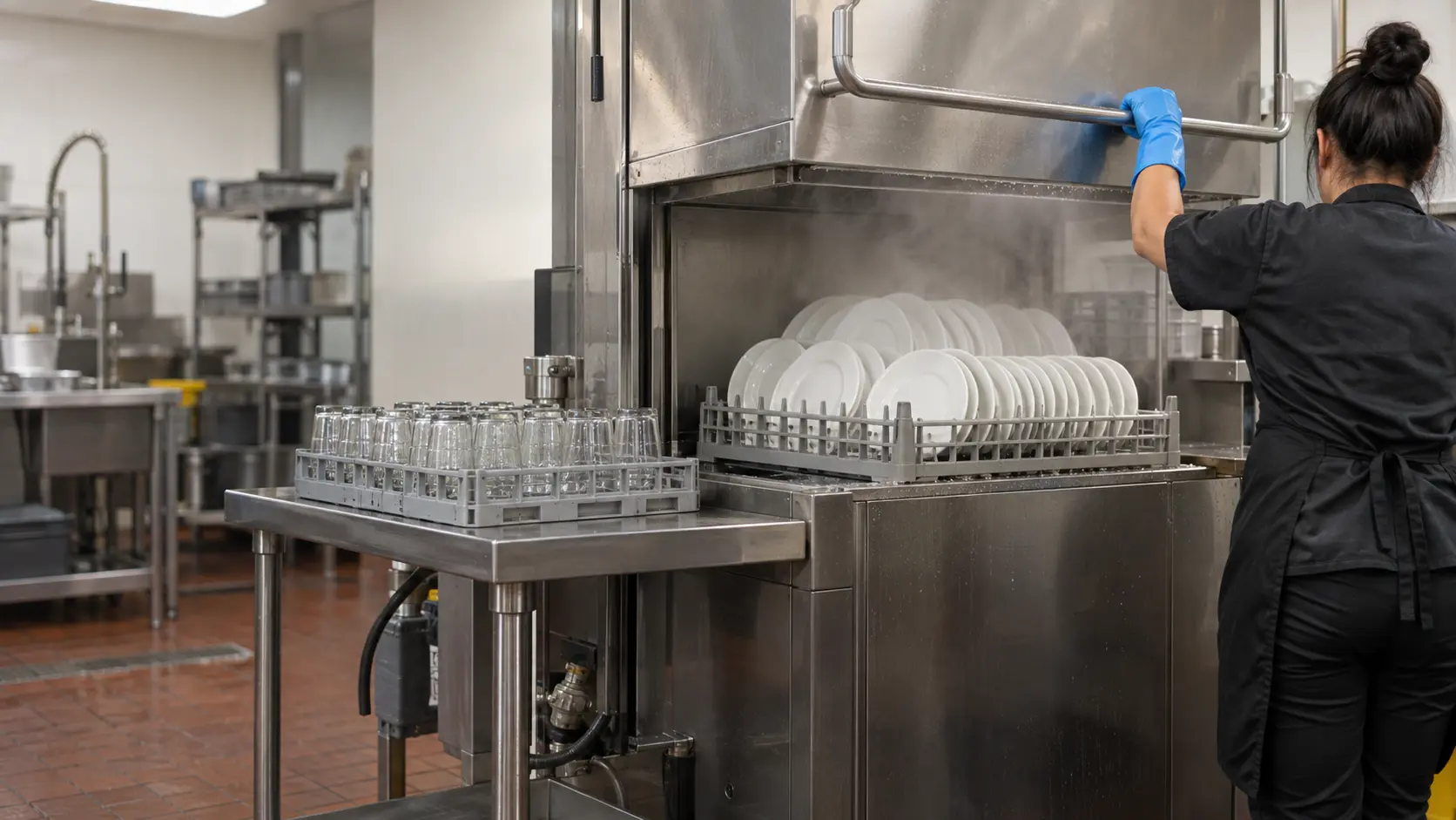 A stainless door-type commercial dish machine in a busy restaurant dish room with its hood raised and a steaming wire rack of white plates inside, a second rack of glasses waiting on the stainless landing table beside the dish machine, a dish room worker seen from behind in a dark apron and rubber gloves, nothing outdoors.