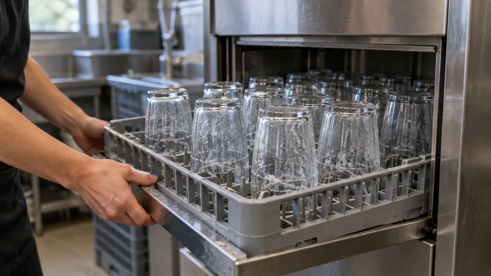 Close on a spotted glass rack coming out of a dish machine.