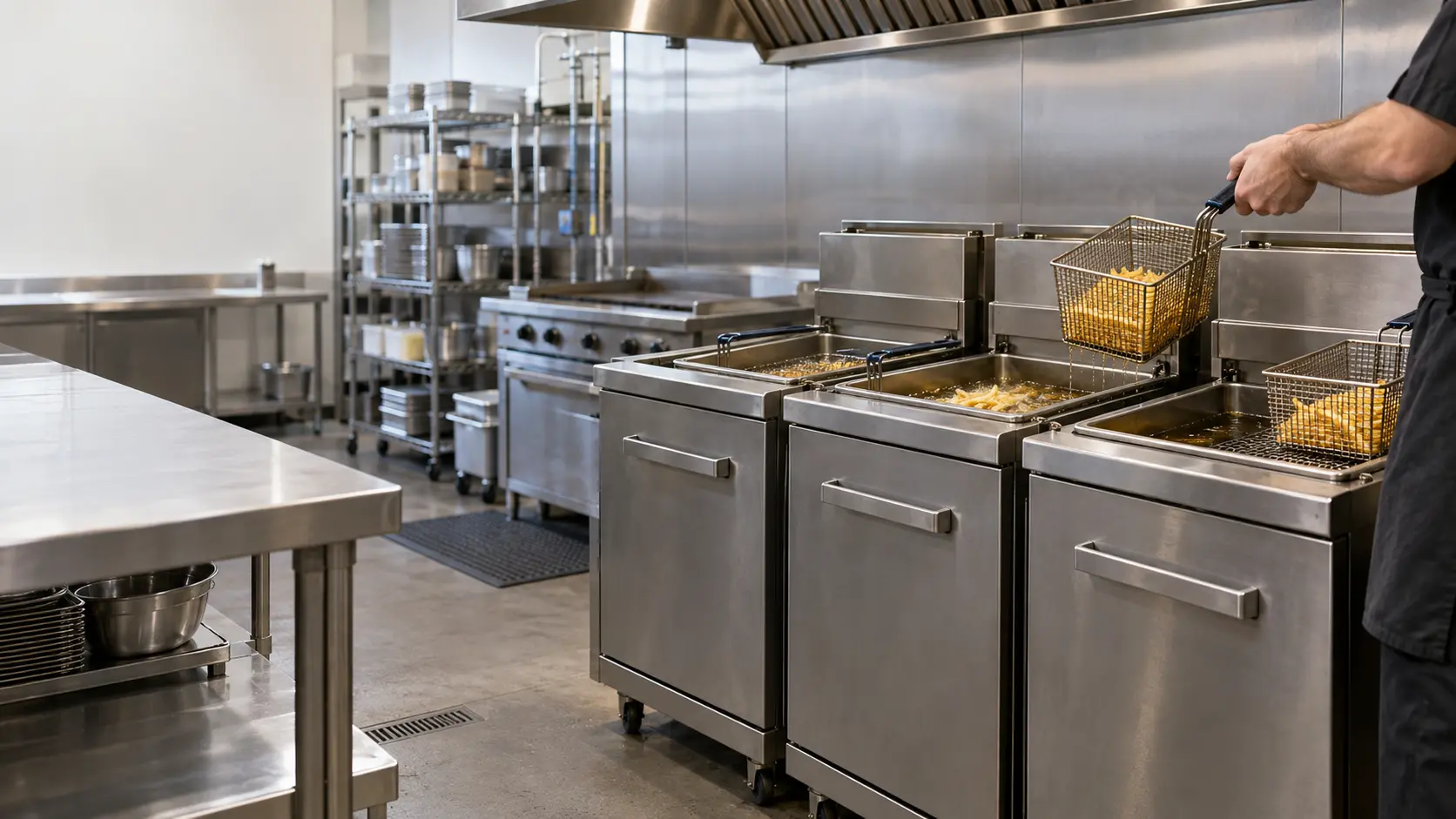 A bank of three stainless commercial gas fryers on a restaurant cooking line beneath a stainless exhaust canopy, golden oil in each fryer vat and a wire basket of fries hanging on the rack to drain, a cook seen from the shoulders down in a dark apron lifting a second basket, a stainless worktop beside the fryers, nothing outdoors.