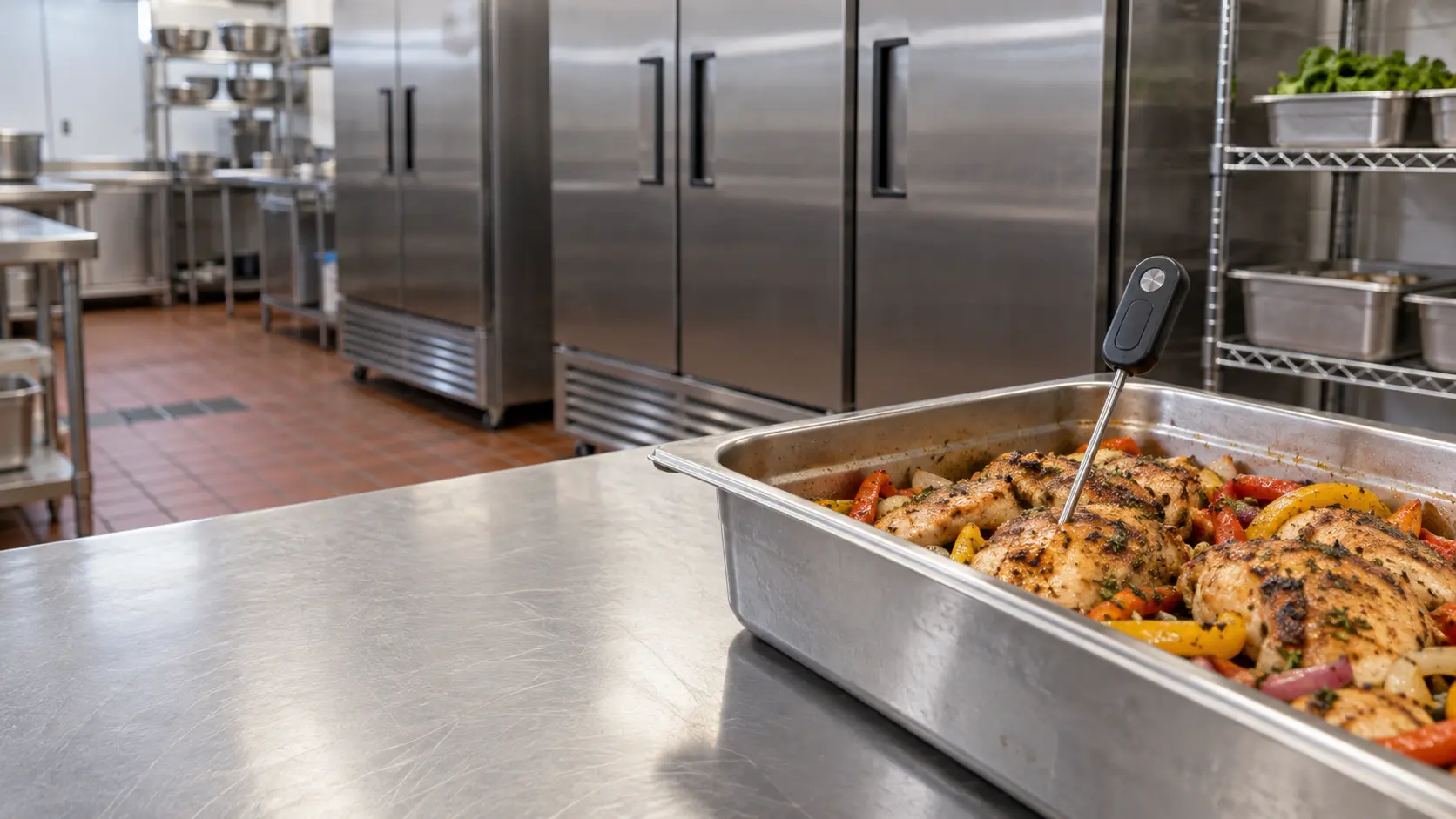 A probe thermometer in a food pan on a prep table, seen close.