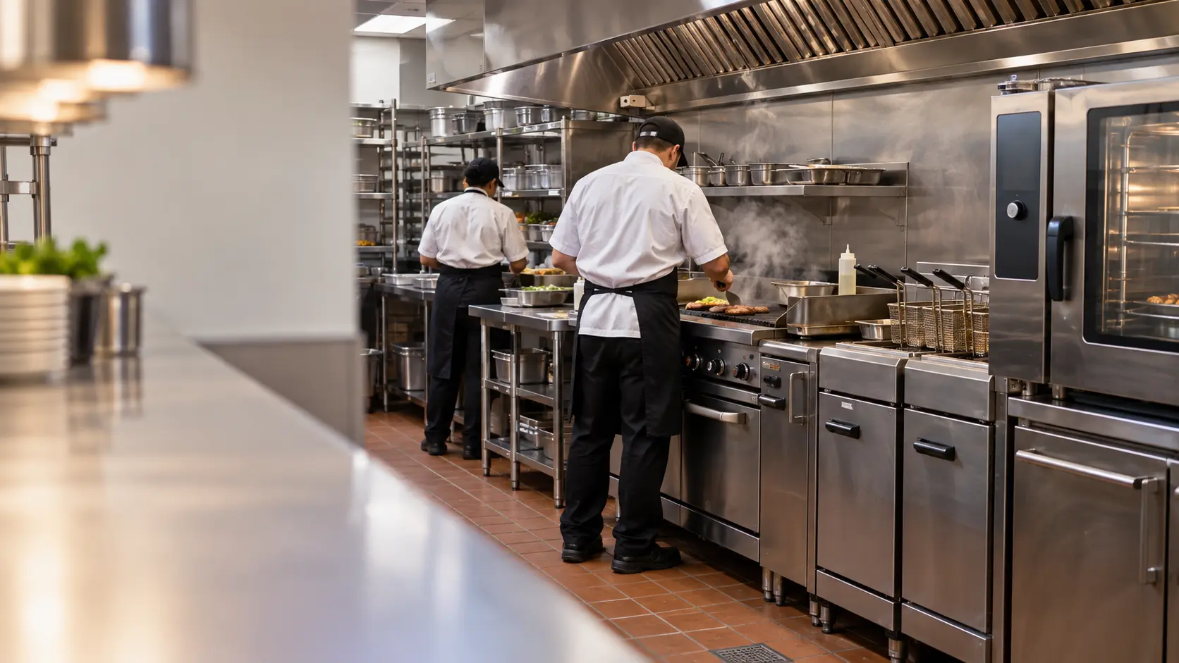 A city restaurant kitchen seen from the pass, cooks working the line from behind.