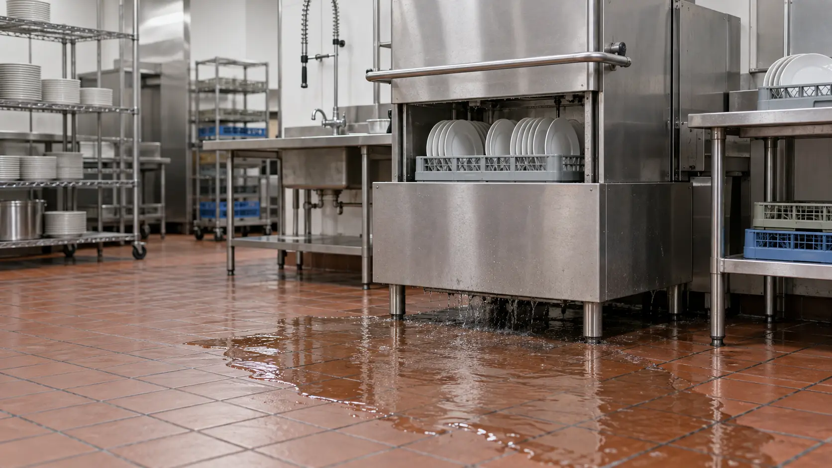 Water spreading across a quarry-tile kitchen floor from under a dish machine.