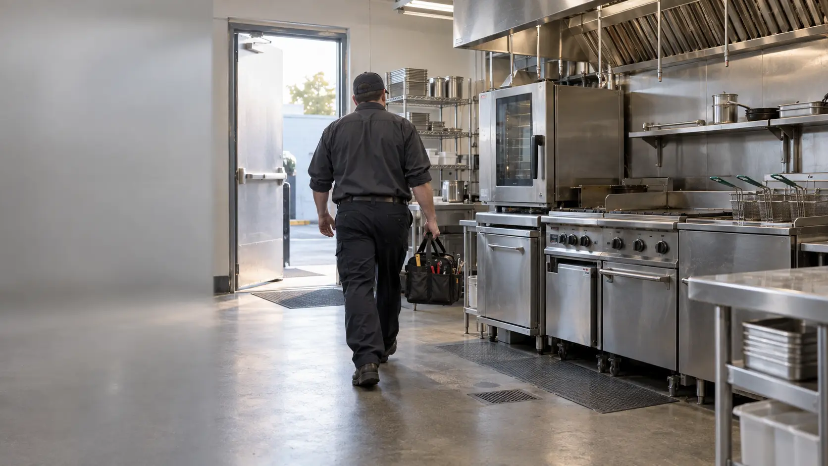 A technician arriving at a restaurant back door with a tool bag before opening, seen from behind.