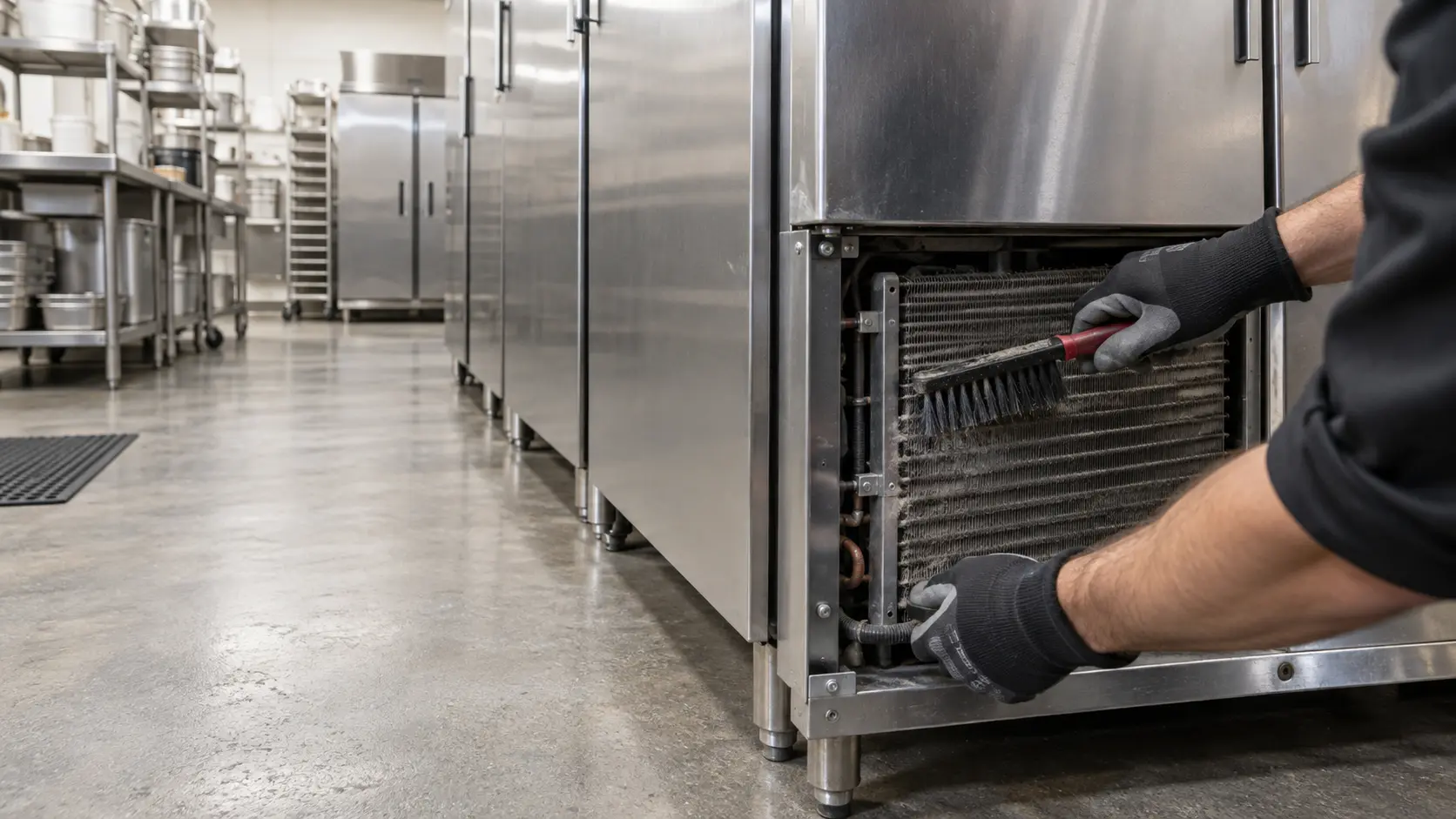 A technician's gloved hands brushing the condenser coil of a reach-in cabinet, the unit switched off.