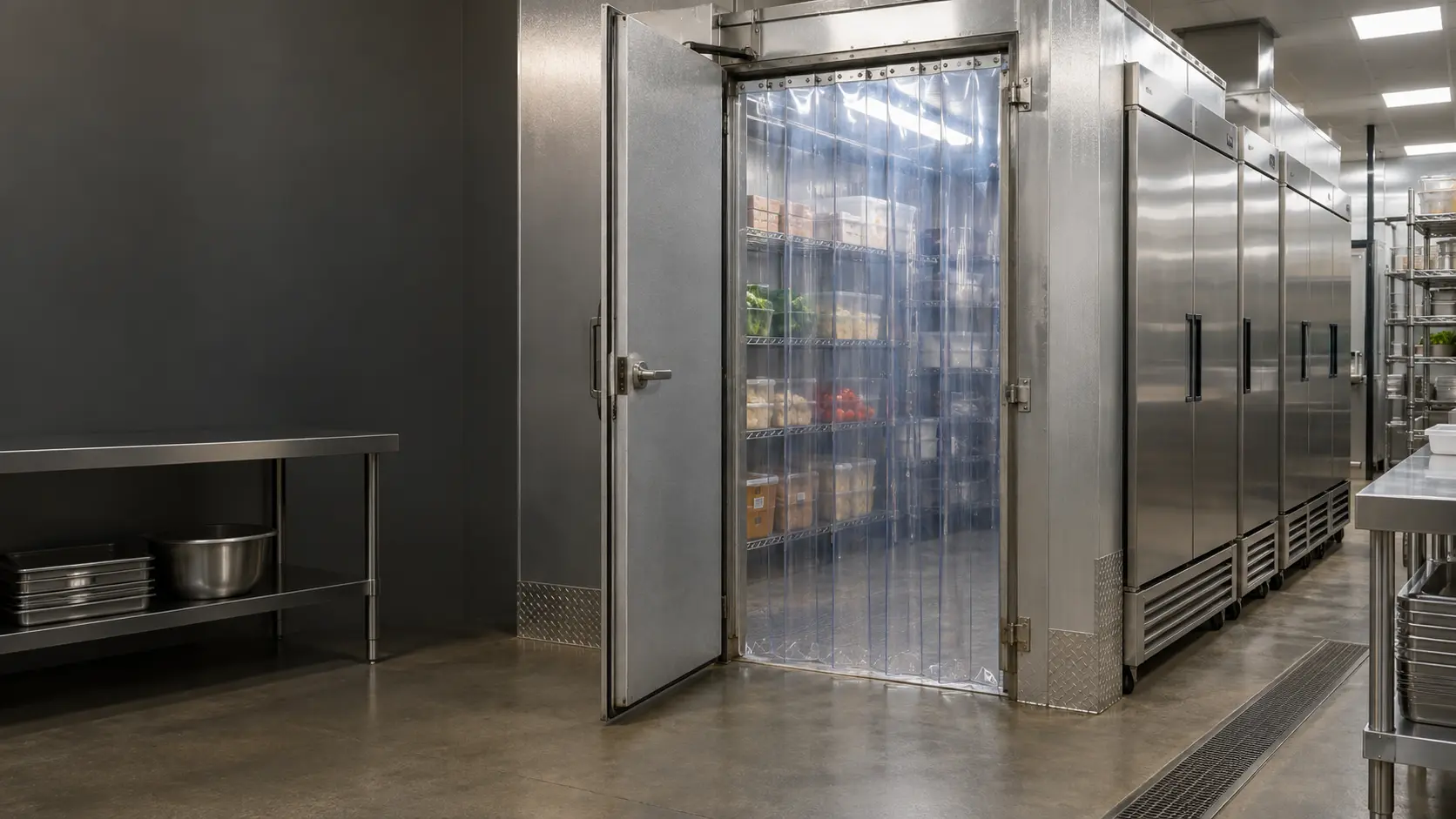 A walk-in cooler and a row of reach-ins in a restaurant back room.