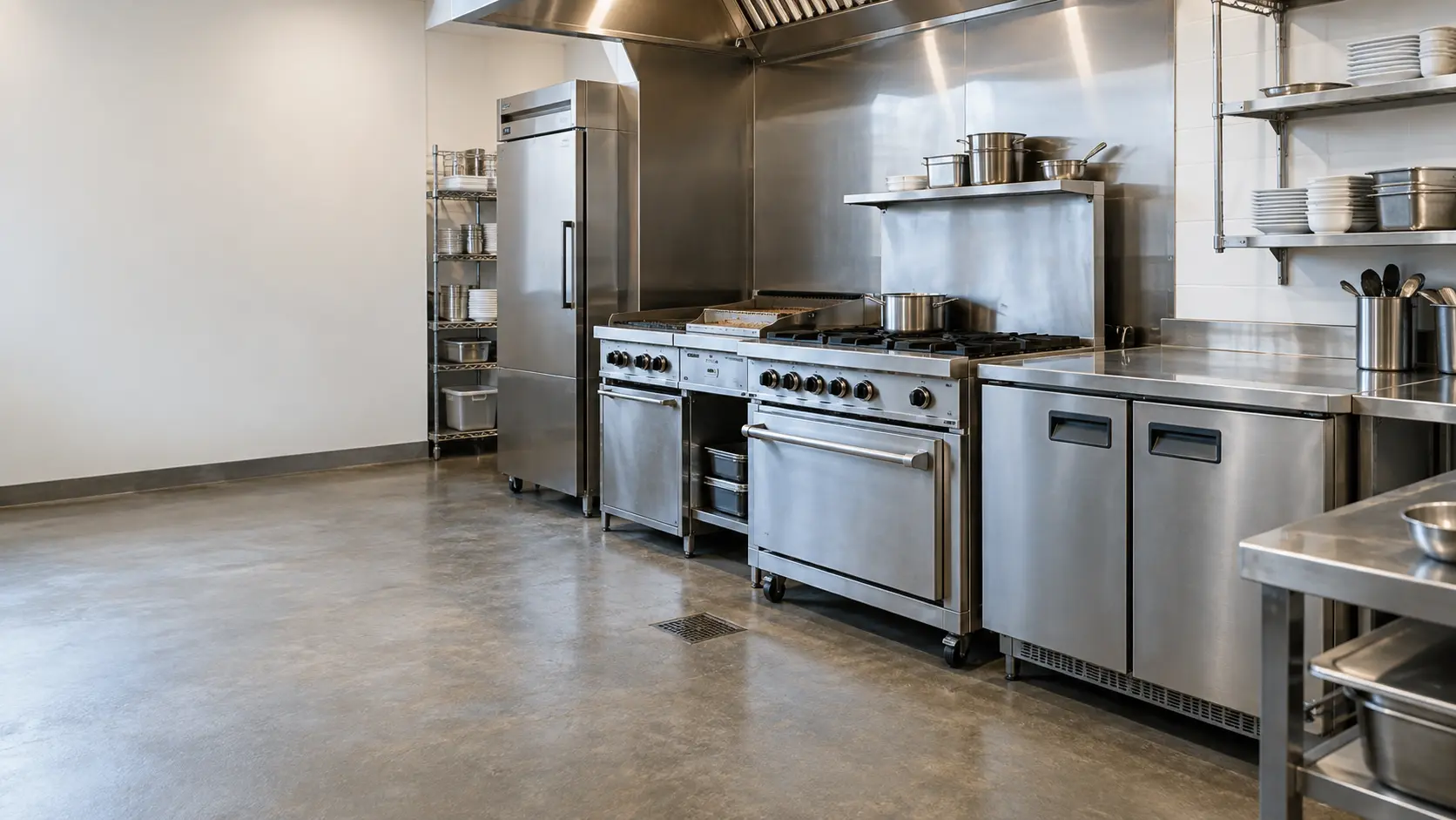 A Bay Area cafe kitchen with a compact line and an undercounter reach-in, seen from across the room.