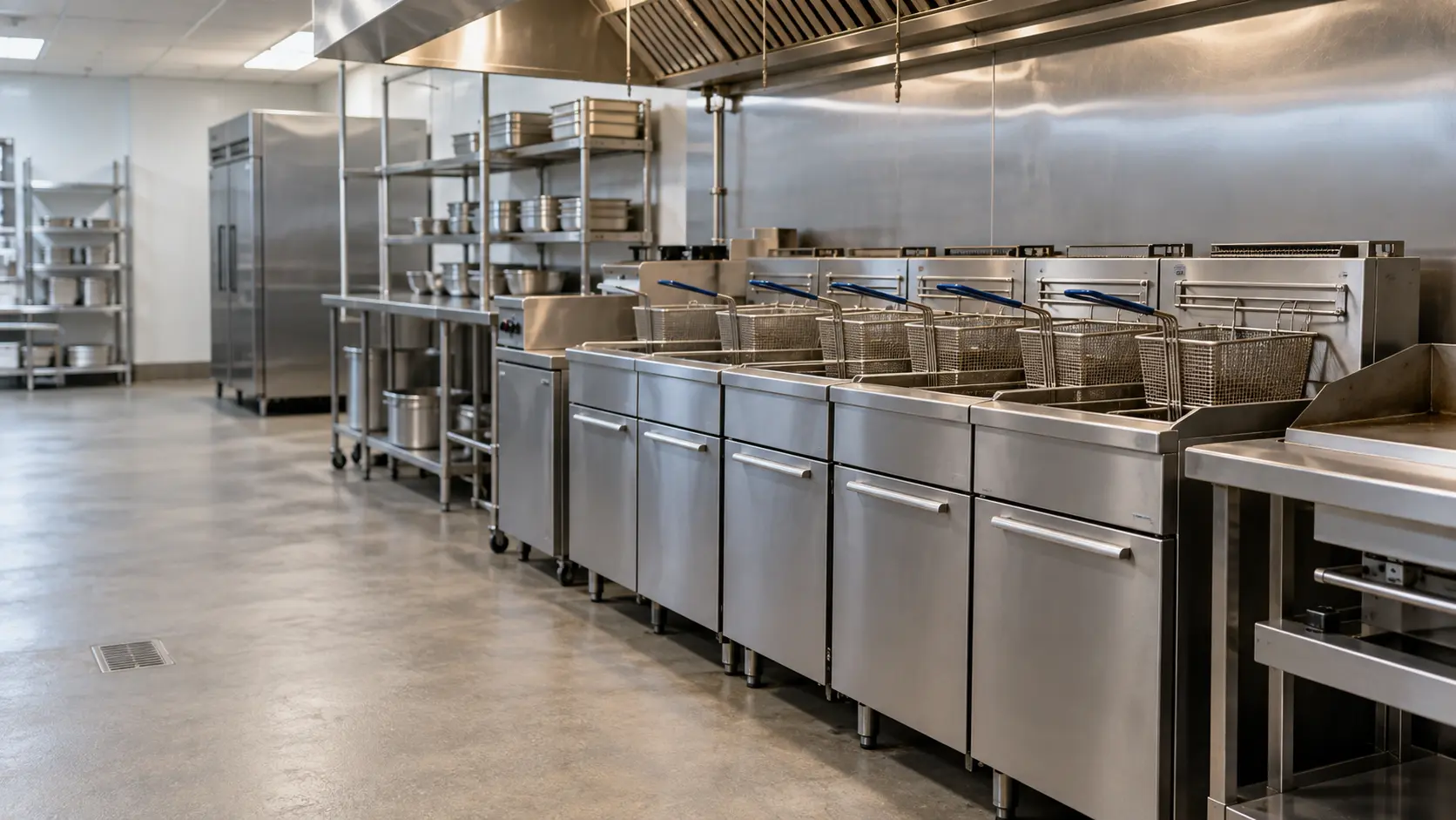 A Houston restaurant kitchen with a long fryer bank, seen from across the room.