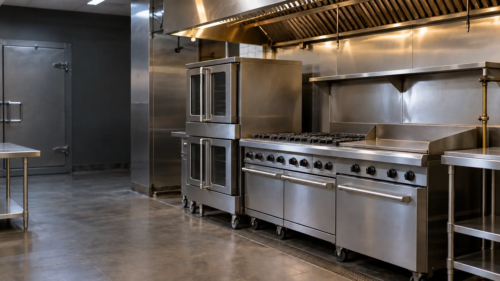A New York basement restaurant kitchen with a tight cooking line, seen from across the room.