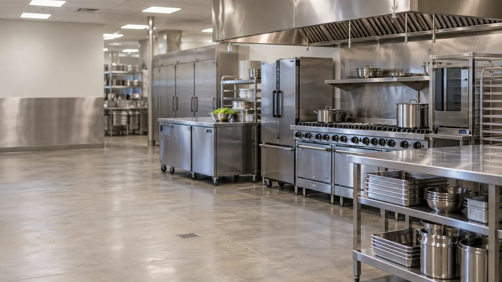 An Orlando resort hotel's banquet kitchen with rows of stainless equipment, seen from across the room.
