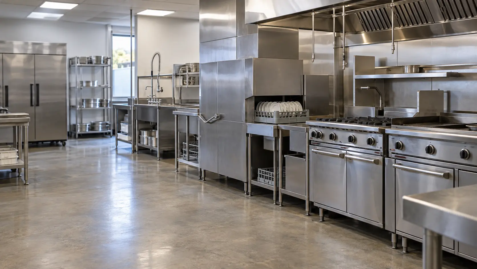 A San Diego hotel kitchen with a dish machine and a cooking line, seen from across the room.