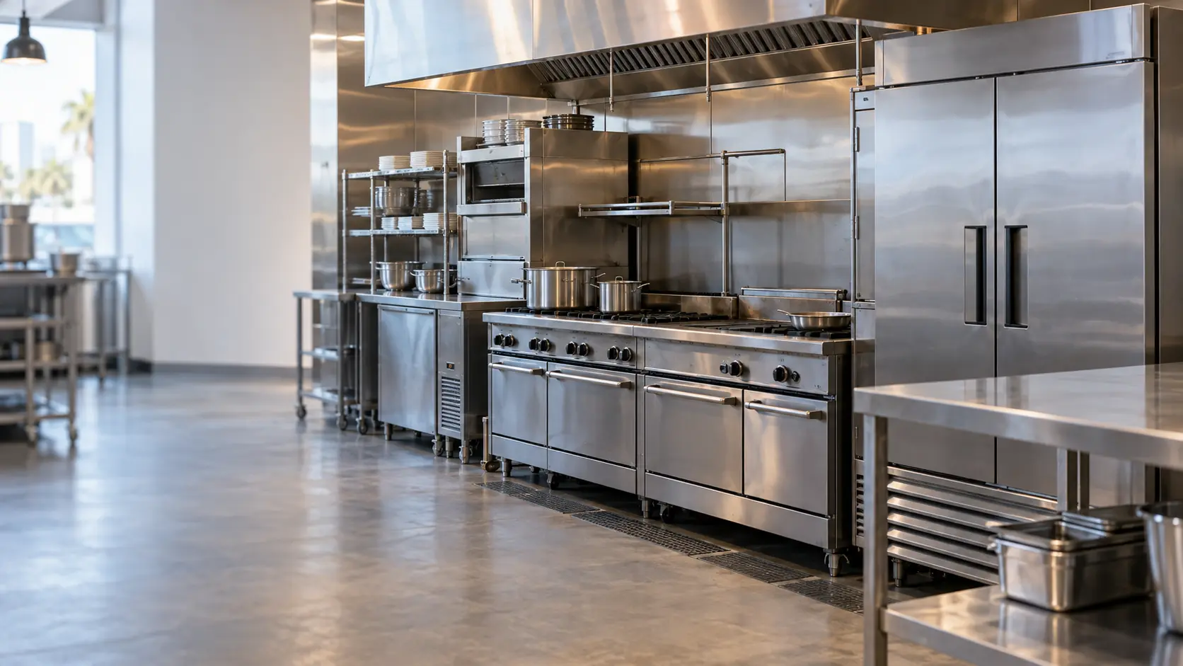 A Miami Beach restaurant kitchen with a cooking line and reach-ins, seen from across the room.