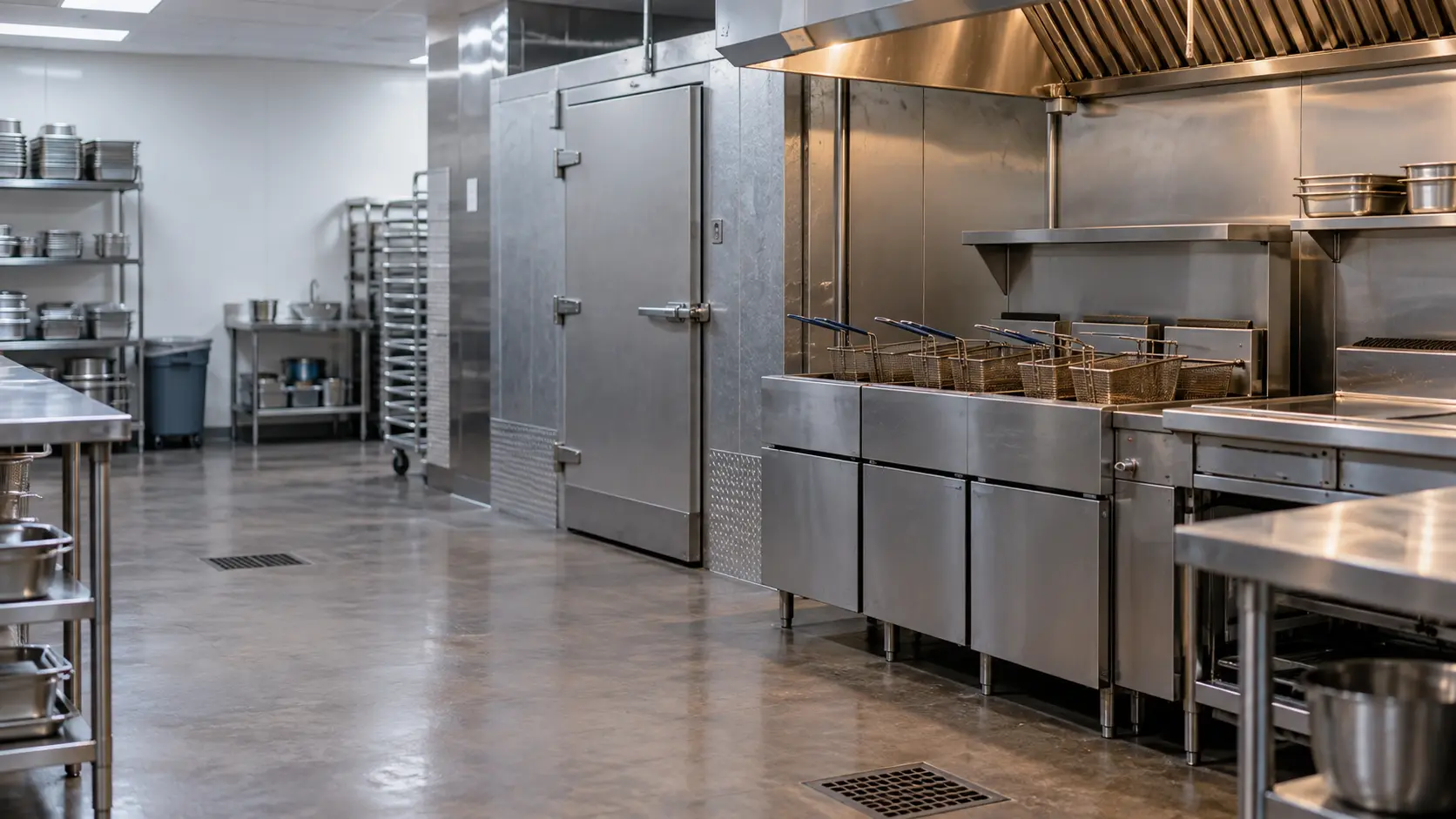 A Tampa Bay seafood restaurant's back of house with a fryer line and a walk-in, seen from across the room.